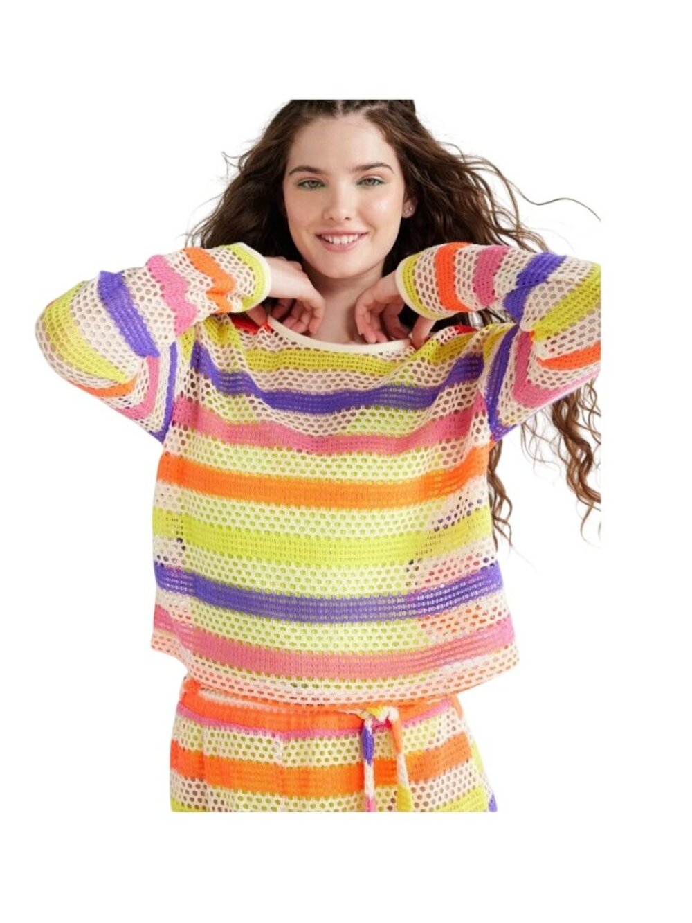 No Boundaries Women's Large Neon Crochet Stripe Festival Beach Swim Cover Up Set - Picture 10 of 10